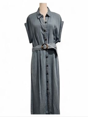 NWT- LOFT Light Blue Chambray Maxi Shirt Dress with Belt And Pockets- Size 12